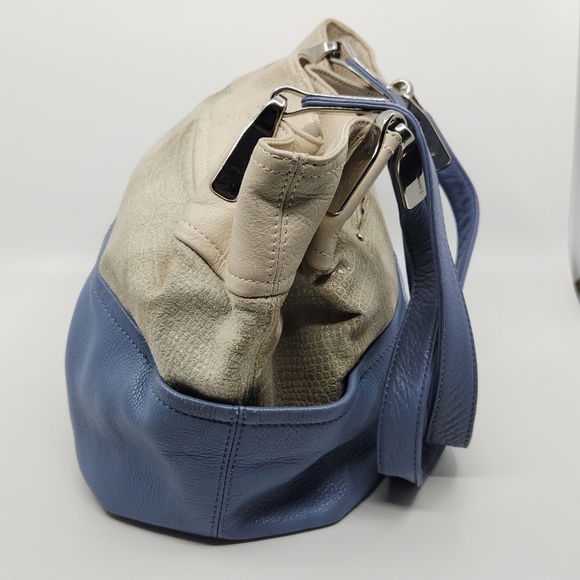 B Makowsky Silver Metallic Baby Blue Colorblock Leather Double Handle Shoulder B - Picture 2 of 16